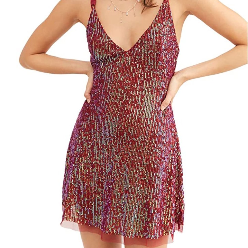 Free People Gold Rush Mini Dress Wine Combo Sequin Size M Tie Back (NWT)